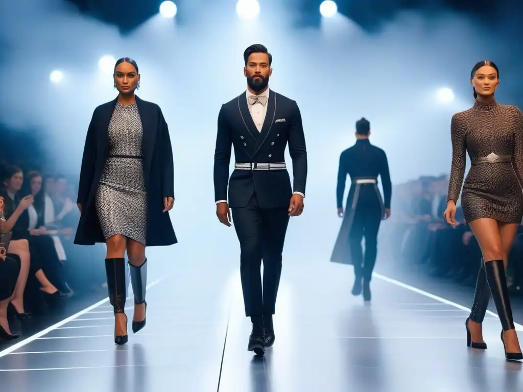 Moda inclusiva y tecnología wearable: desfile futurista Desfile de moda inclusiva con tecnología wearable, modelos con discapacidades lucen prendas innovadoras en una pasarela futurista