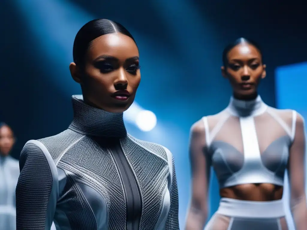 Desfile futurista: moda adaptable y tecnología Desfile de moda inclusiva con tecnología y tejidos adaptativos en una pasarela futurista