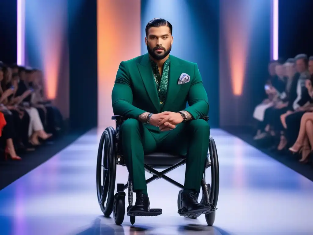 Moda inclusiva: desfile de prendas adaptativas en una pasarela vanguardista Desfile de moda inclusiva con tejidos adaptativos en una pasarela moderna y brillante