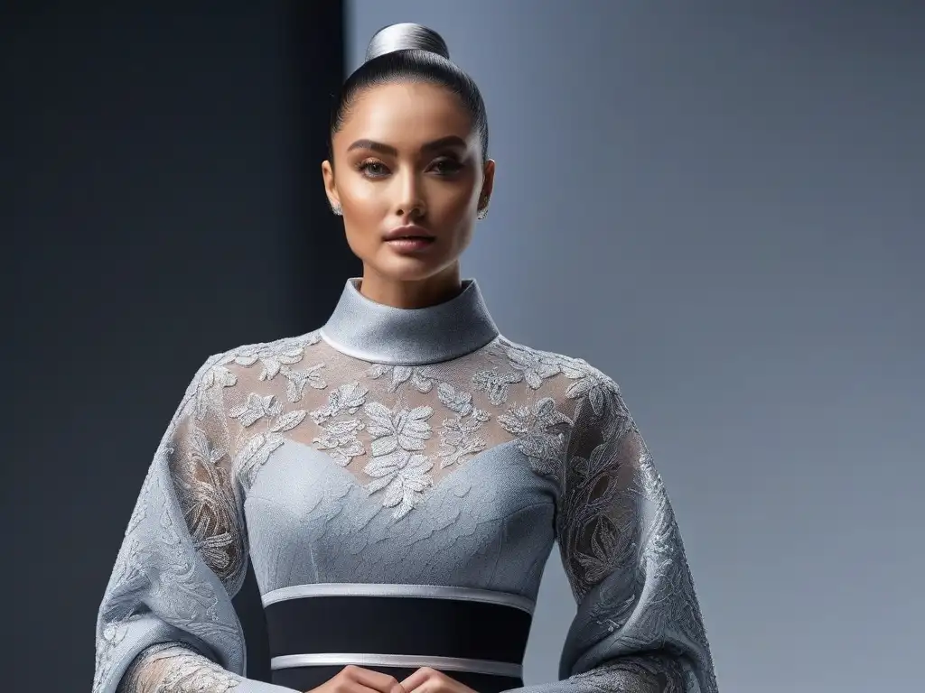 Moda inclusiva: Diseños versátiles con telas adaptativas en alta resolución Un desfile de moda inclusiva con tejidos adaptativos en un ambiente futurista