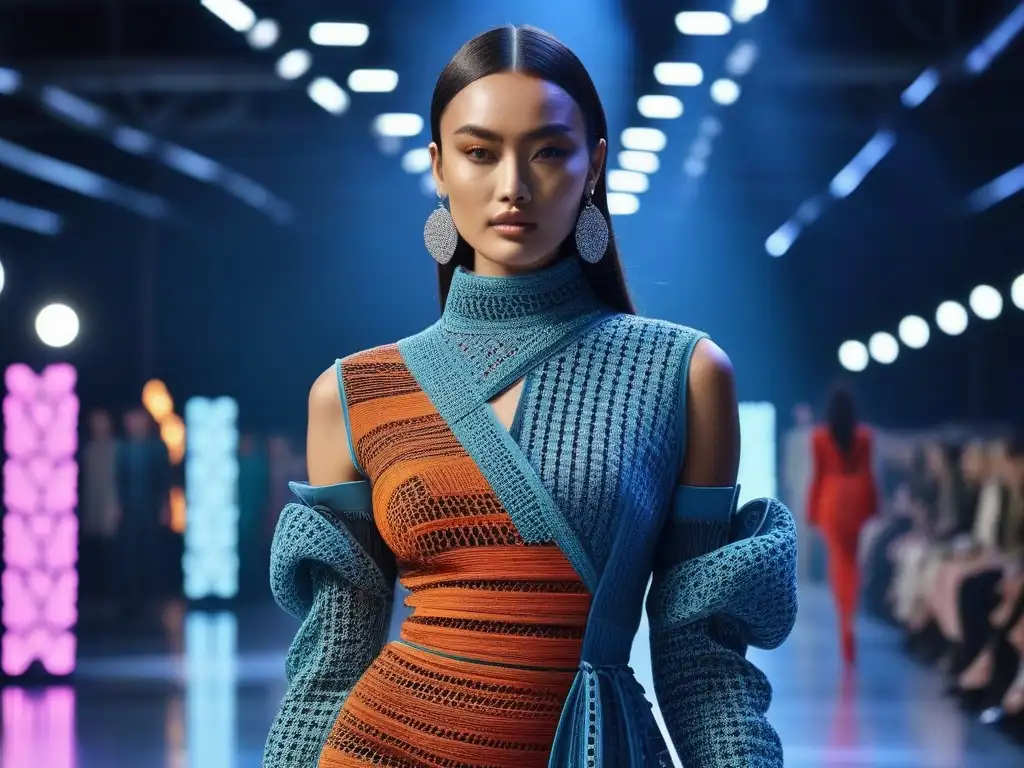Desfile de moda sostenible: alta tecnología y creatividad eco Desfile de moda inclusiva con tejidos reciclados en pasarela futurista iluminada por luces LED ecofriendly
