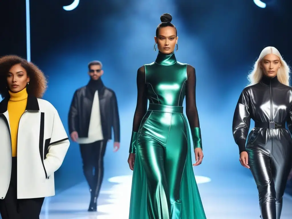 Desfile inclusivo de moda adaptativa en pasarela futurista Desfile de moda inclusiva con Tejidos Adaptativos en Moda Inclusiva: variedad de modelos confiados en pasarela futurista