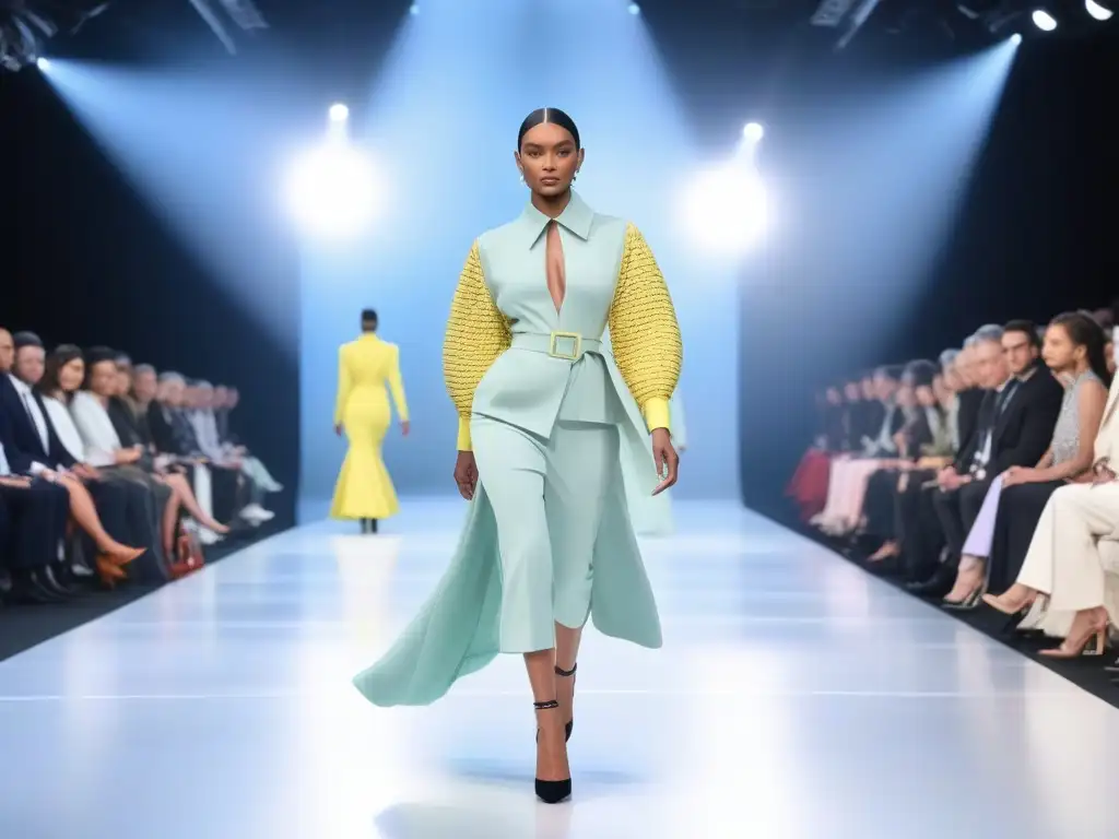 Desfile futurista: moda inclusiva con telas adaptativas Un desfile de moda inclusiva con tejidos adaptativos en un escenario futurista, fusionando creatividad y accesibilidad