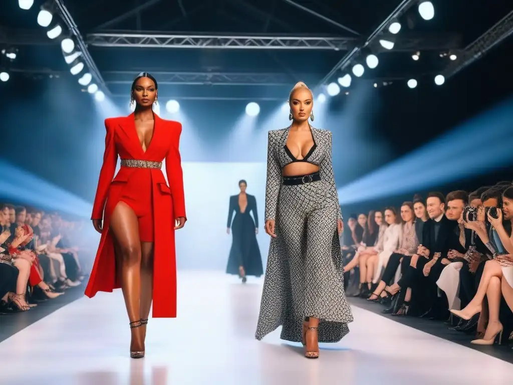 Desfile de moda inclusivo con modelos de todos los cuerpos en 2023 Desfile de moda inclusiva 2023 tendencias fotografía: modelos diversos lucen diseños elegantes en pasarela futurista