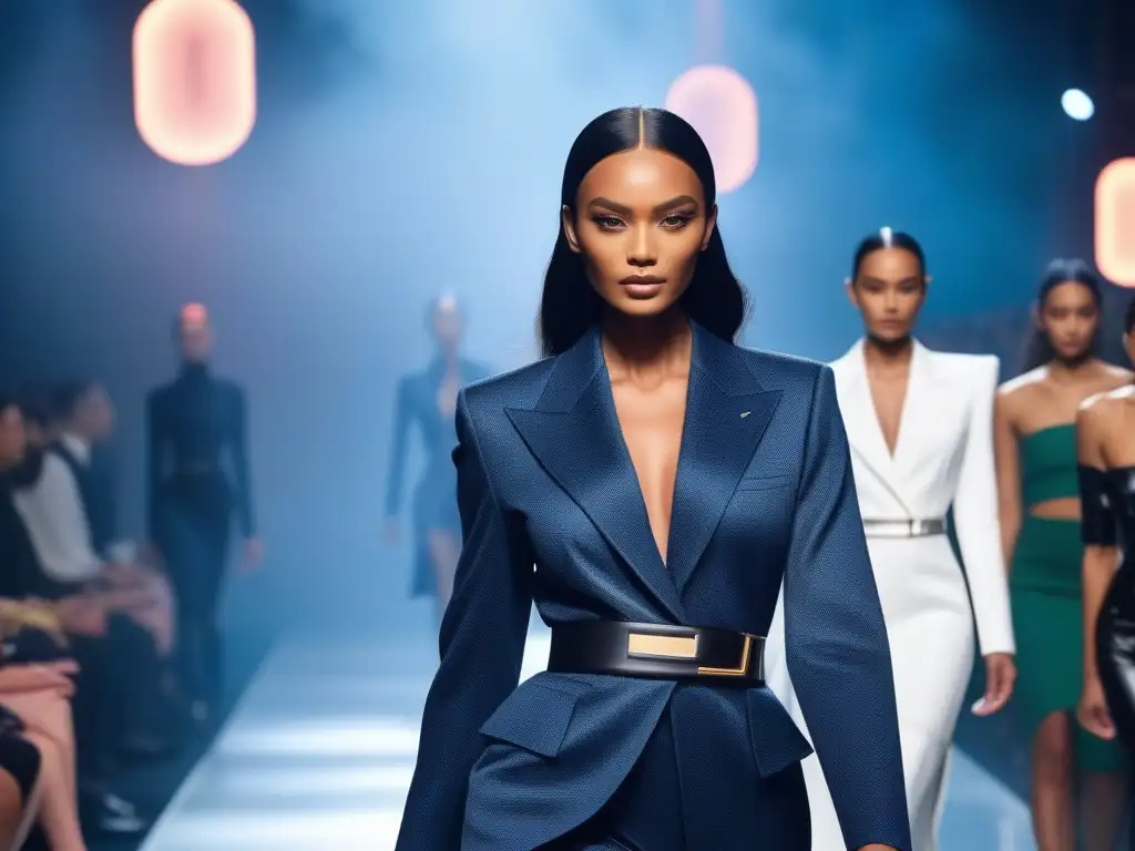 Desfile futurista: moda inclusiva y vanguardista en la pasarela Un desfile de moda inclusiva con tendencias futuras; modelos diversos caminan con confianza por una pasarela futurista
