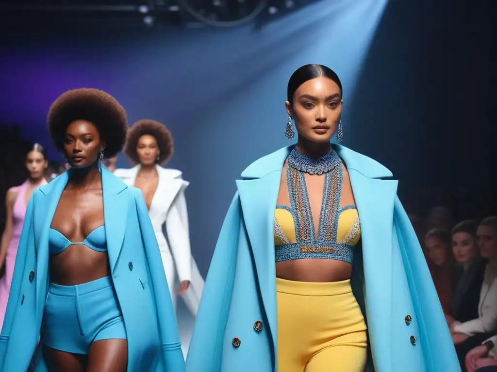 Desfile inclusivo: diversidad en la pasarela futurista Un desfile de moda inclusivo 2021 con modelos diversos desfilando con confianza en una pasarela futurista y vibrante