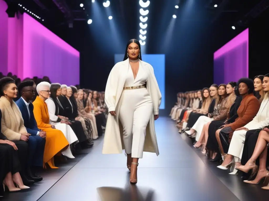 Pasarela de la diversidad: moda inclusiva y poderosa Un desfile de moda inclusivo en 2021 con modelos diversos recorriendo la pasarela, rodeados de espectadores diversos y mensajes de unidad en un escenario futurista