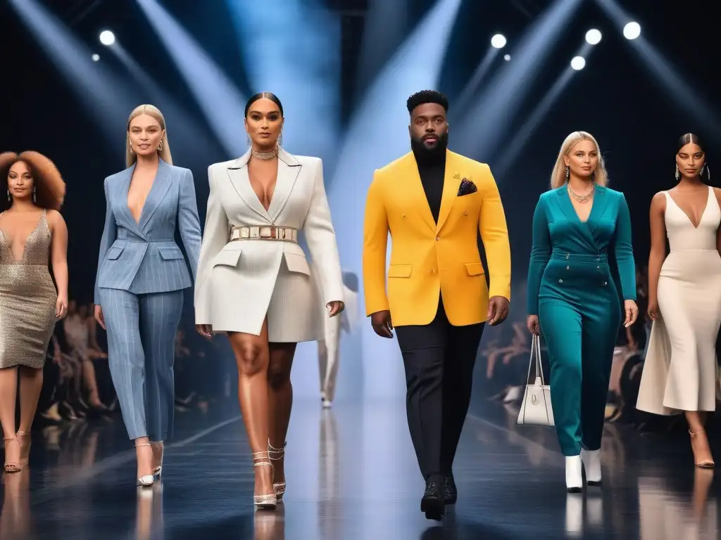 Desfile de celebridades: diversidad y estilo inclusivo en la pasarela Un desfile de moda inclusivo con celebridades de distintas etnias y géneros caminando con confianza