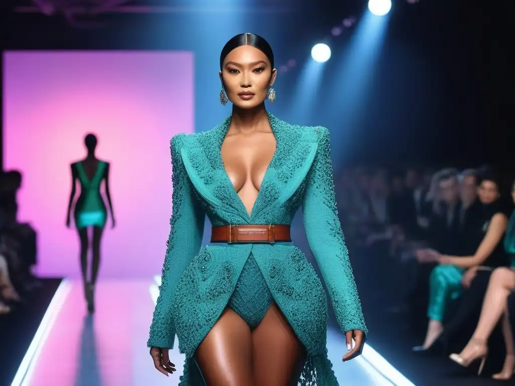 Desfile de moda inclusivo: diversidad y sofisticación bajo luces neón Desfile de moda inclusivo con diseñadores pioneros y modelos de diversas edades, etnias y tipos de cuerpo, iluminado por luces neón vibrantes