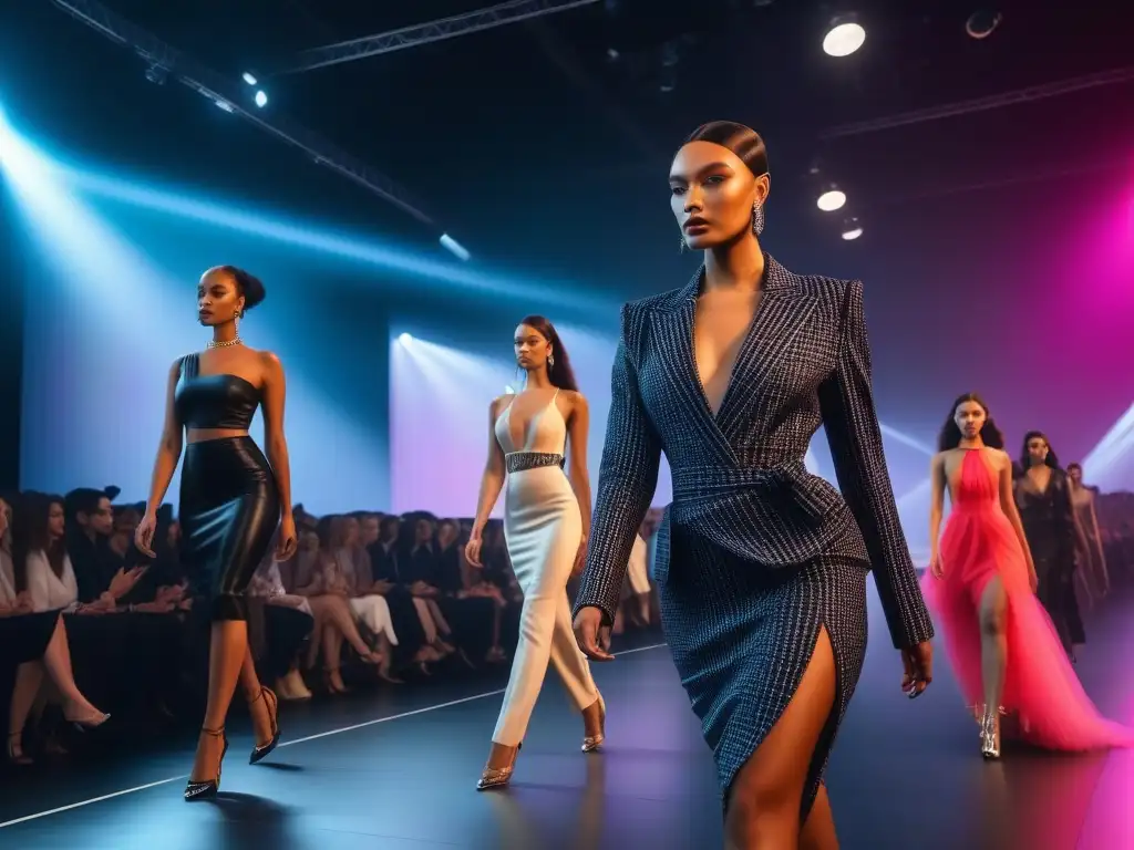 Diversidad y estilo: desfile inclusivo en la pasarela de la moda Un desfile de moda inclusivo y diverso en una pasarela iluminada con modelos seguros y elegantes