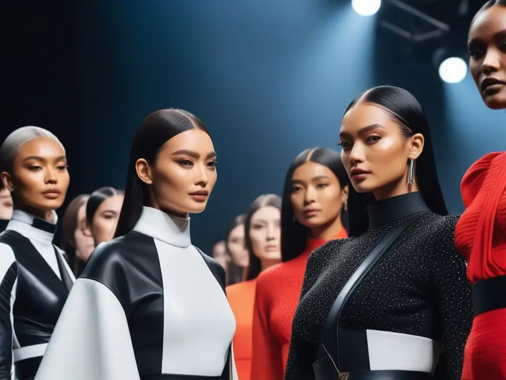 Desfile inclusivo y vanguardista con modelos diversos en pasarela futurista Desfile de moda inclusivo y diverso con marcas de moda en una pasarela futurista