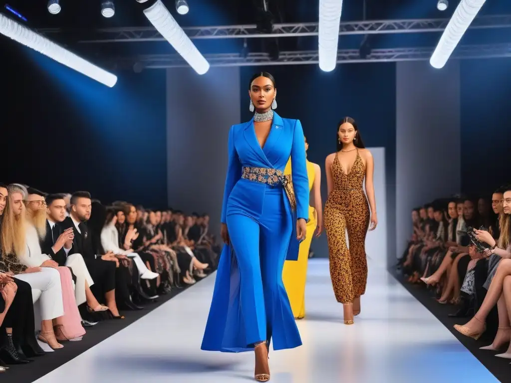 Desfile de moda inclusivo con modelos diversos y empoderados Un desfile de moda inclusivo y diverso con modelos de diferentes tallas y estilos, en una pasarela moderna y brillante