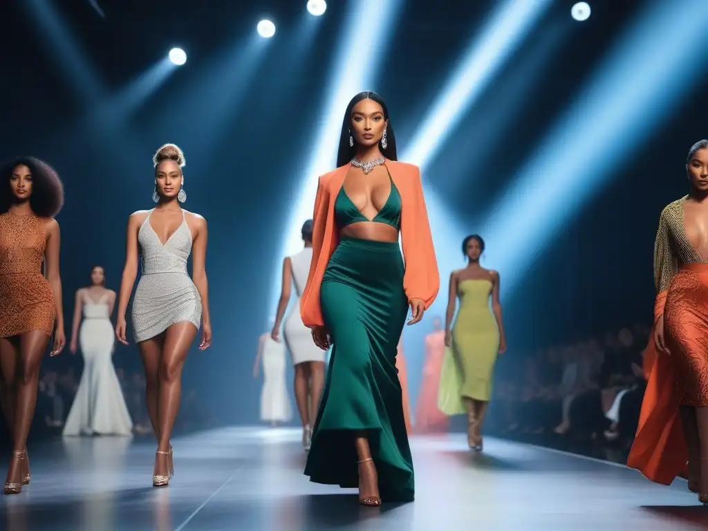 Pasarela inclusiva: modelos diversos desfilan con estilo y empoderamiento Desfile de moda inclusivo y diverso con modelos de diferentes etnias, cuerpos y habilidades, representando unidad y empoderamiento