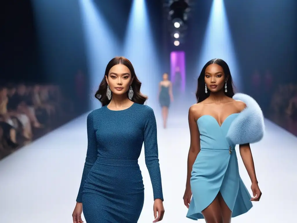 Desfile de moda inclusivo con modelos petites en pasarela Desfile de moda inclusivo y diverso con modelos petite caminando con confianza en una pasarela, representando la diversidad étnica y de cuerpos