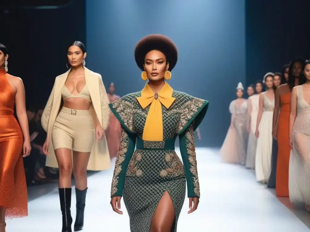 Desfile inclusivo: diversidad y estilo en la pasarela Desfile de moda inclusivo y diverso con modelos de diferentes etnias, tipos de cuerpo y habilidades caminando con confianza por la pasarela, vestidos con atuendos únicos y elegantes que celebran su individualidad, representando la inclusión y diversidad en la industria de la moda