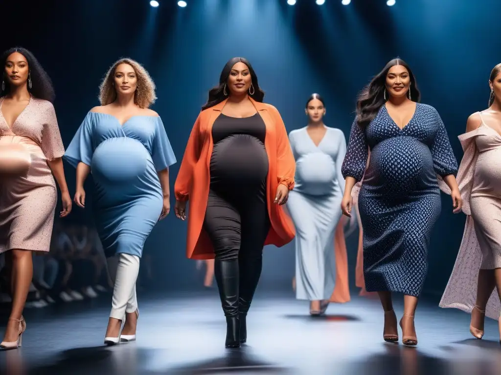 Desfile plussize: moda maternidad inclusiva para todas Un desfile de moda inclusivo y elegante con mujeres embarazadas de diferentes etnias y tallas, luciendo con alegría túnicas de maternidad plus size