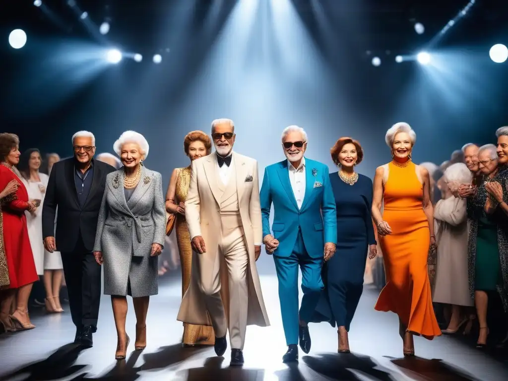 Desfile de moda: Seniors empoderados deslumbran en la pasarela Desfile de moda inclusivo con elegantes adultos mayores desfilando con confianza y estilo, desafiando estereotipos