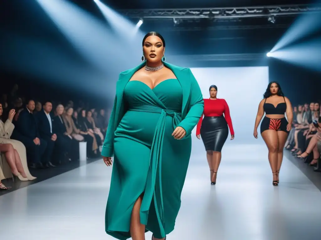 Desfile de moda inclusivo con modelos de tallas grandes empoderadas Un desfile de moda inclusivo y empoderado, con modelos de tallas grandes luciendo diseños trendy en una pasarela moderna