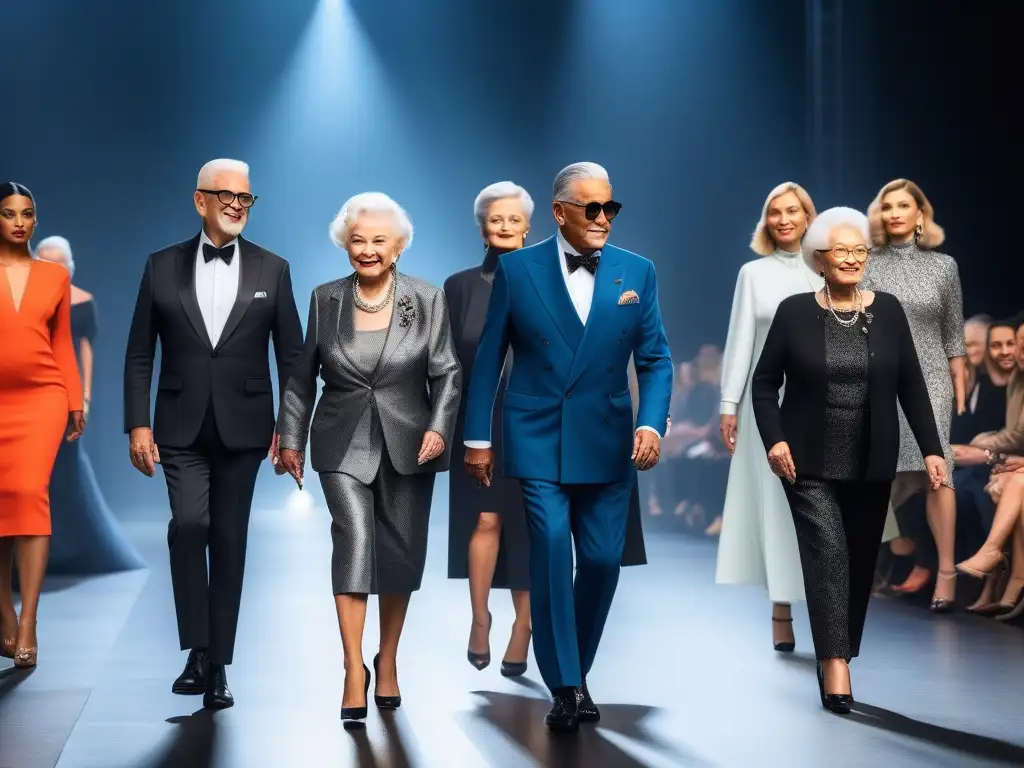 Desfile de moda: Seniors con estilo desafían estereotipos Un desfile de moda inclusivo y empoderador con seniors elegantes desafiando estereotipos, en un escenario moderno