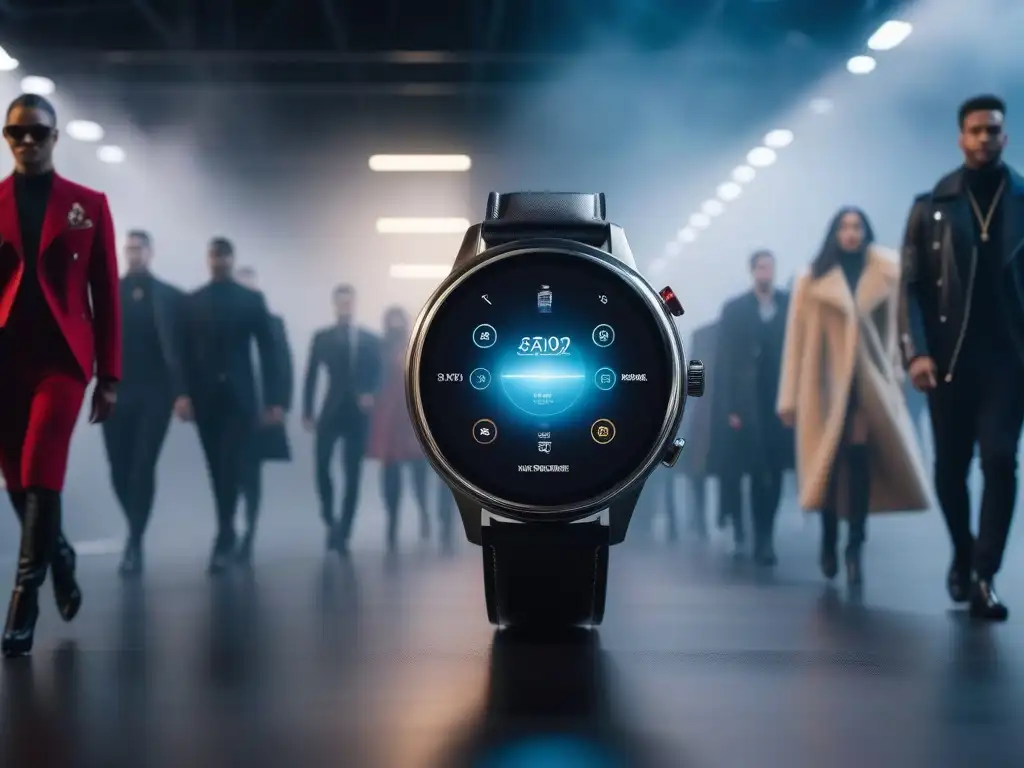 Desfile de moda inclusivo con smartwatches de lujo en 8k Un desfile de moda inclusivo y futurista, donde modelos llevan smartwatches de lujo que complementan sus elegantes atuendos