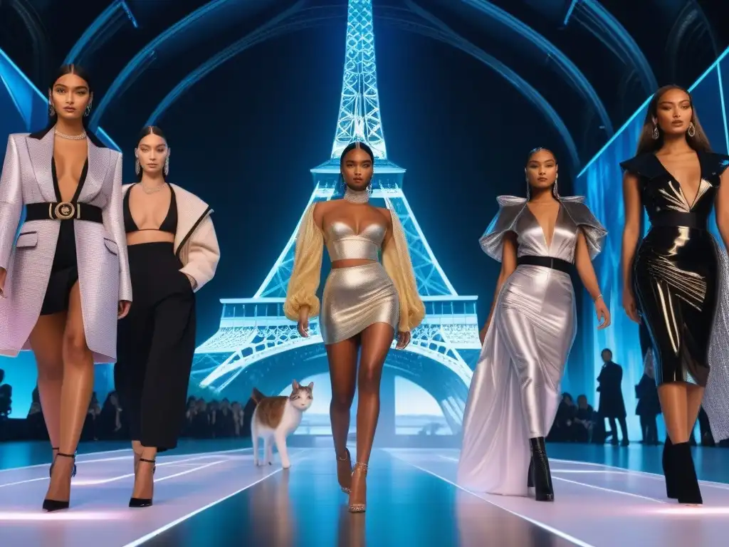 Pasarela digital: diversidad y lujo futurista Un desfile de moda inclusivo y futurista con modelos de diferentes etnias y cuerpos, llevando ropa de diseñador en una pasarela digital