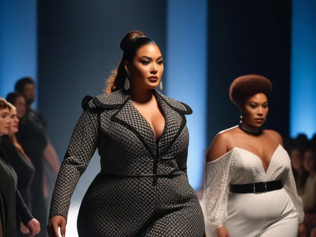 Desfile de moda inclusivo con modelos de tallas grandes empoderadas Un desfile de moda inclusivo y glamuroso con modelos de tallas altas desfilando en una pasarela de luces brillantes