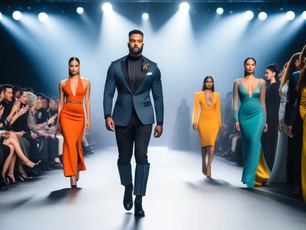 Desfile de moda inclusivo con modelos diversos Desfile de moda inclusivo global con modelos diversos y seguros de sí mismos en una pasarela moderna y futurista