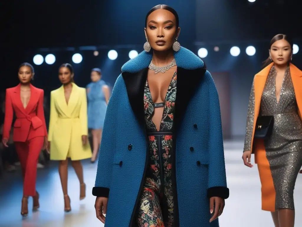 Diversidad y moda: Desfile inclusivo y empoderador Desfile de moda inclusivo global con modelos diversos en una pasarela iluminada y una audiencia cautivada