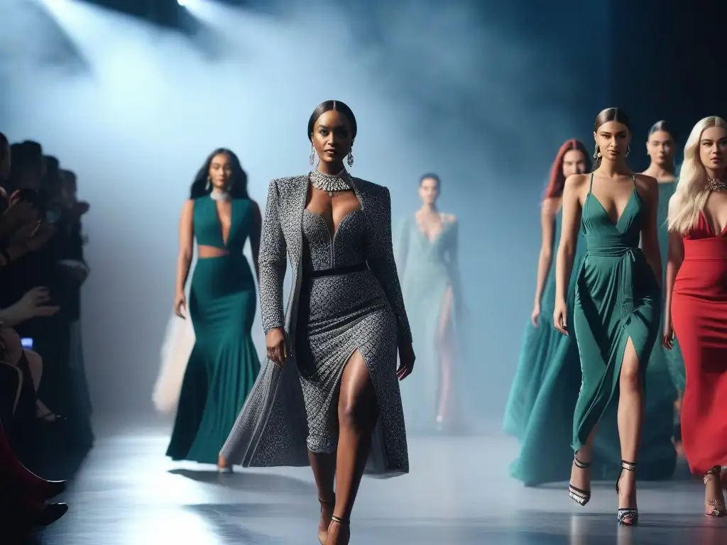 Desfile inclusivo de moda: diversidad y empoderamiento Desfile de moda inclusivo con impacto social: modelos diversos caminan juntos por la pasarela, luciendo outfits únicos y aplaudidos por la audiencia
