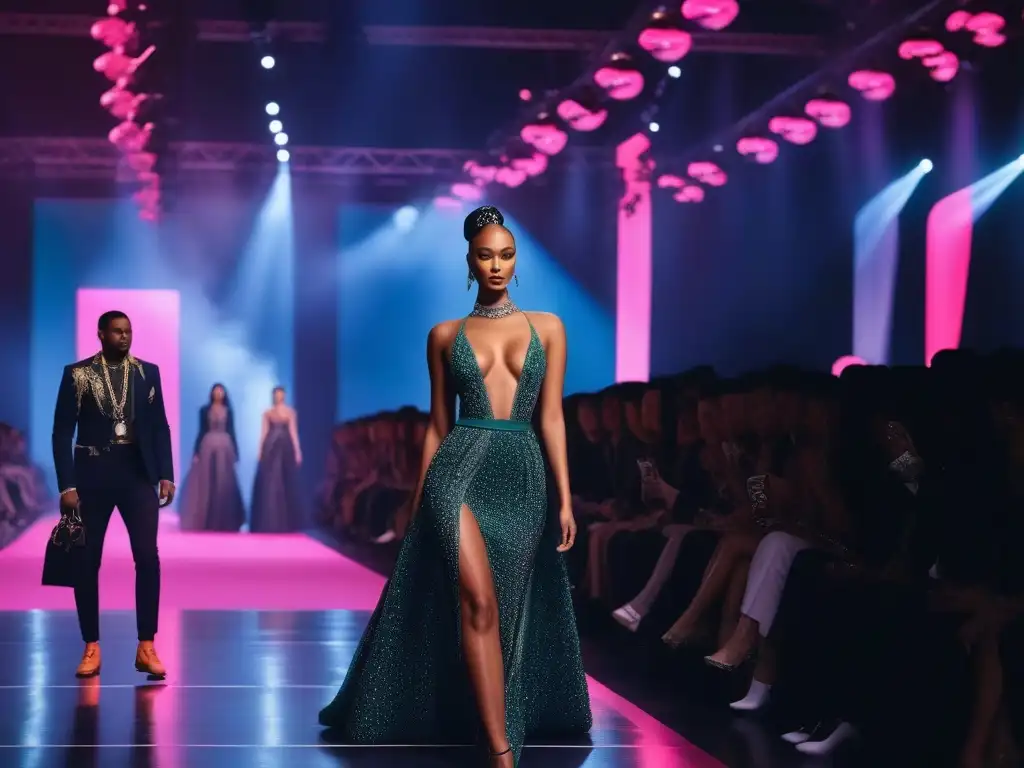 Desfile de moda inclusivo: diversidad y elegancia en la pasarela Un desfile de moda inclusivo de lujo con modelos diversos exhibiendo estilos únicos, en una pasarela vibrante y futurista