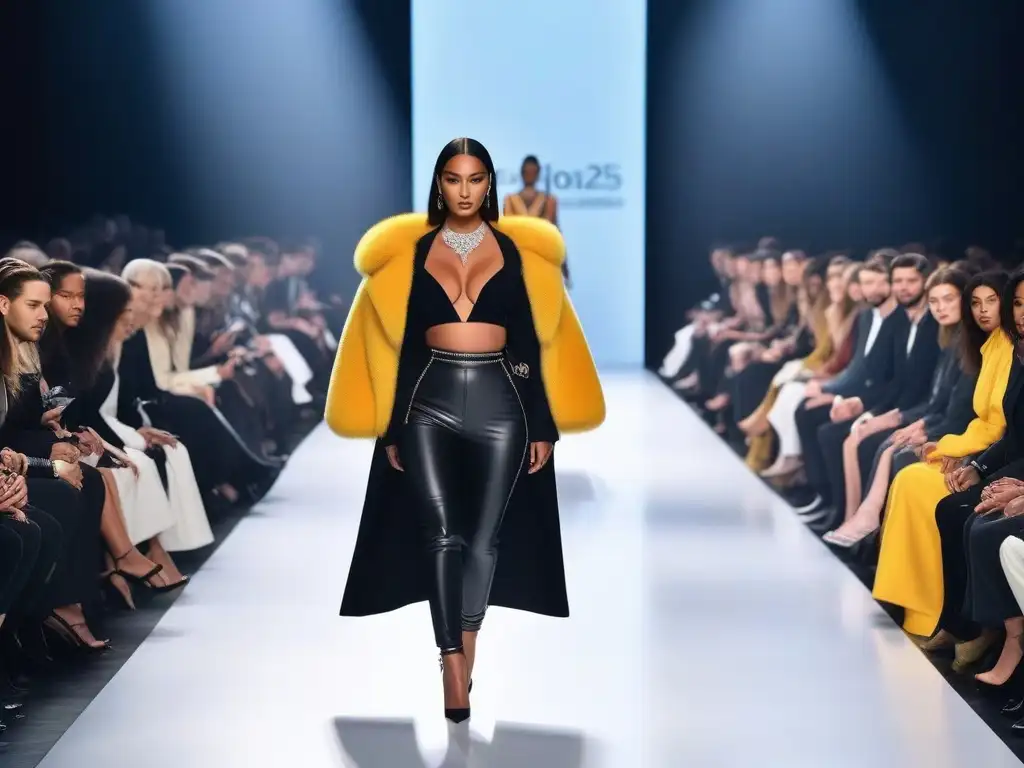 Desfile inclusivo de moda de lujo: diversidad en la pasarela Un desfile de moda inclusivo de lujo con modelos diversos caminando con confianza, en un escenario moderno y elegante
