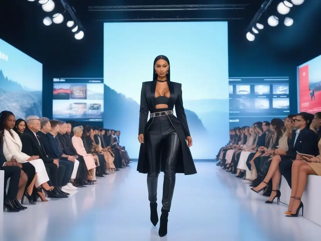 Desfile de moda inclusivo y empoderado en pasarela futurista Desfile de moda inclusivo y lujoso en un futuro ecommerce, modelos de diferentes etnias y cuerpos exhiben elegancia y empoderamiento