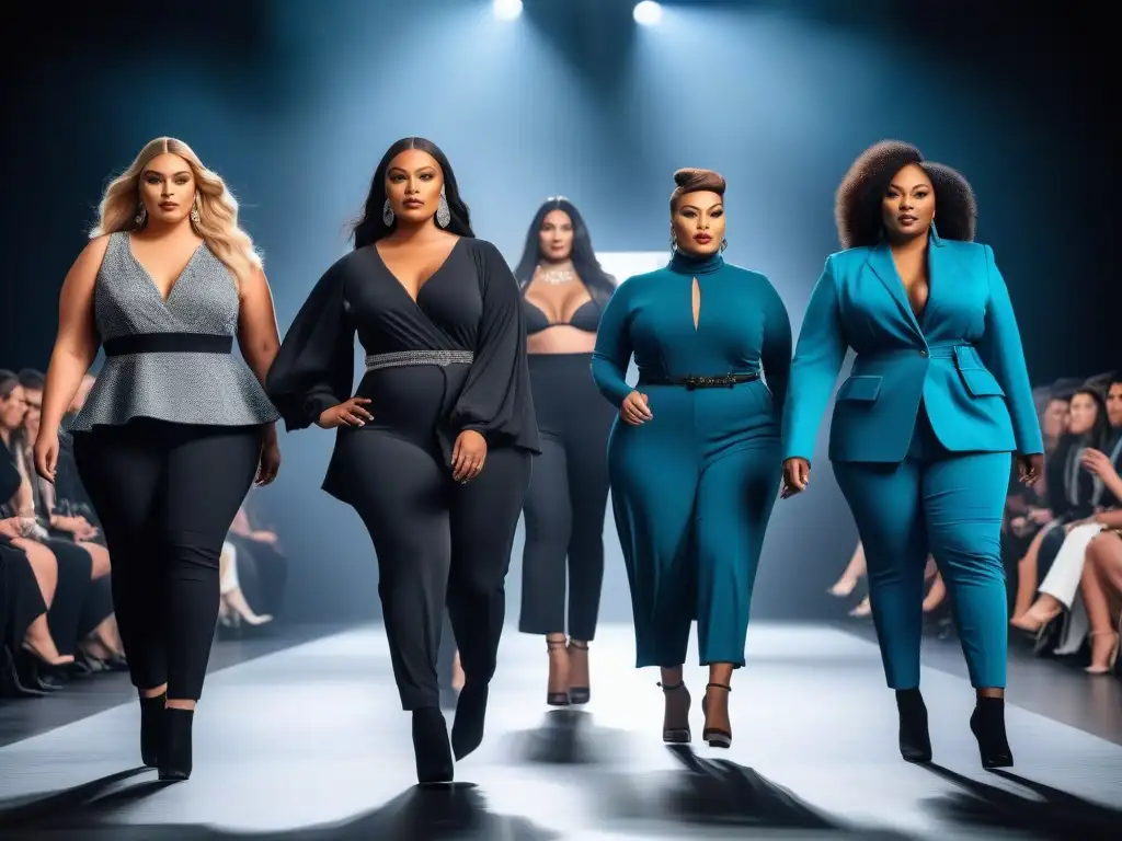 Desfile moda plus size: diversidad y empoderamiento Desfile de moda inclusivo con modelos de talla grande luciendo diseños variados en una pasarela elegante