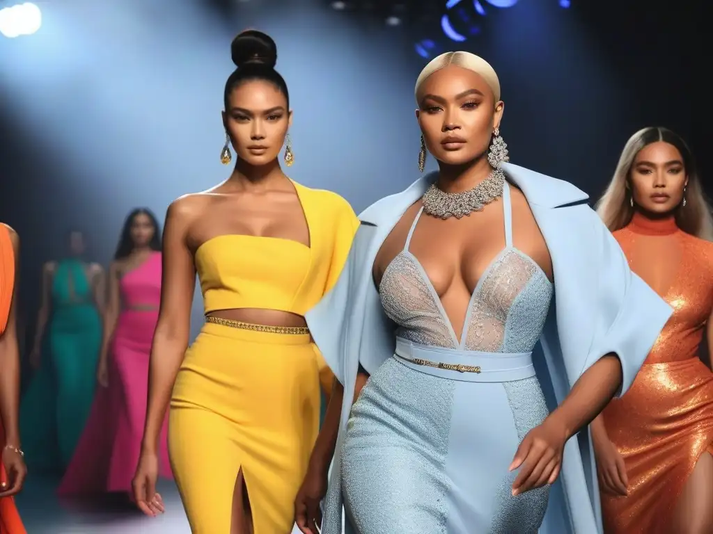 Desfile de moda inclusivo: modelos diversos empoderados en la pasarela Un desfile de moda inclusivo con modelos de diferentes etnias y tipos de cuerpo, exhibiendo looks únicos y vibrantes