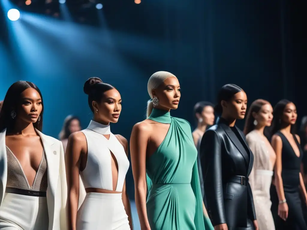 Desfile de moda inclusivo: diversidad de estilos y cuerpos en la pasarela Desfile de moda inclusivo con modelos de diversas etnias y estilos, caminando con confianza en una pasarela moderna y brillante