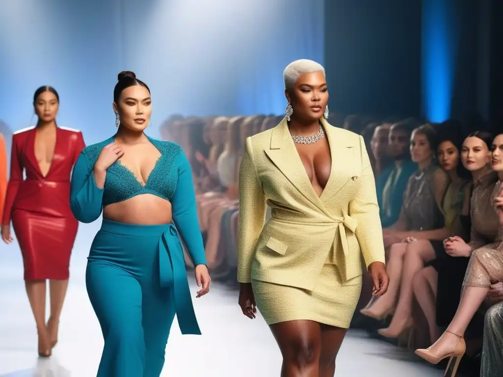 Desfile inclusivo: moda diversa y vibrante Desfile de moda inclusivo con modelos de diversas etnias y tallas, exhibiendo outfits únicos en una pasarela, rodeados de espectadores aplaudiendo