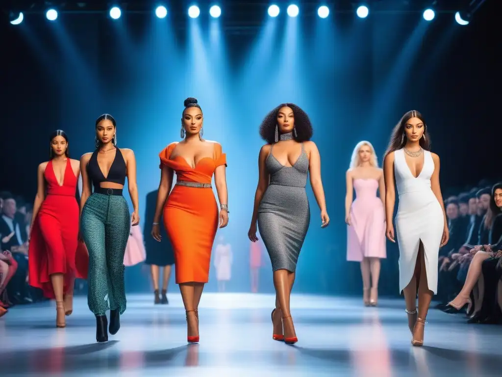 Desfile inclusivo: moda diversa en pasarela futurista Desfile de moda inclusivo con modelos de diferentes razas, cuerpos y habilidades, luciendo atuendos modernos y elegantes