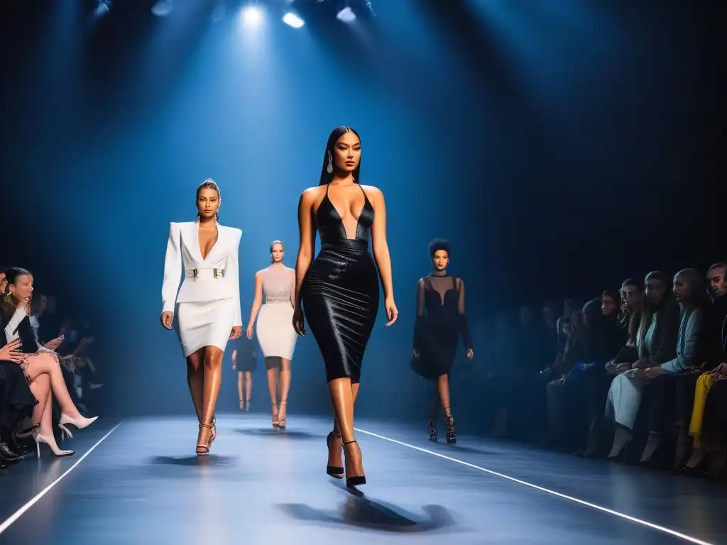 Desfile de moda inclusivo: diversidad en la pasarela Desfile de moda inclusivo con modelos de diversas etnias, cuerpos y habilidades caminando con confianza en una pasarela futurista