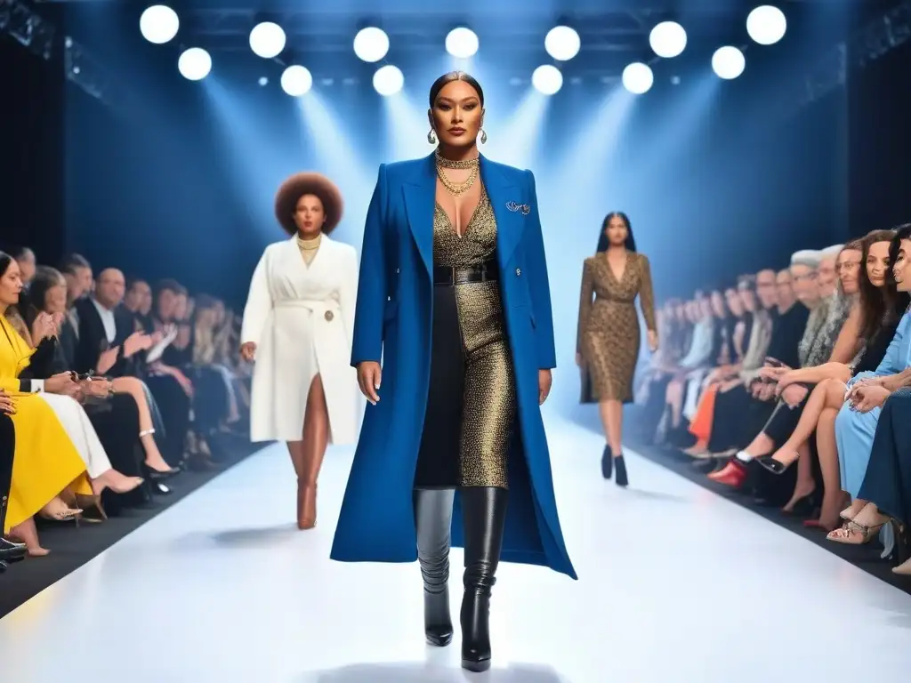 Desfile de moda inclusivo: diversidad y empoderamiento en la pasarela Desfile de moda inclusivo con modelos diversos caminando con confianza en una pasarela moderna y brillante