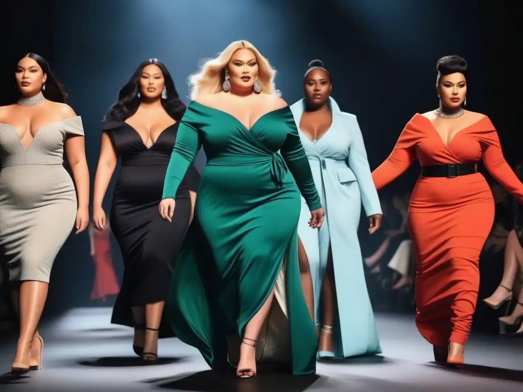 Desfile de moda plussize: diversidad, estilo y empoderamiento Desfile de moda inclusivo con modelos de tallas grandes de distintas etnias y estilos, aplaudidos por una audiencia diversa