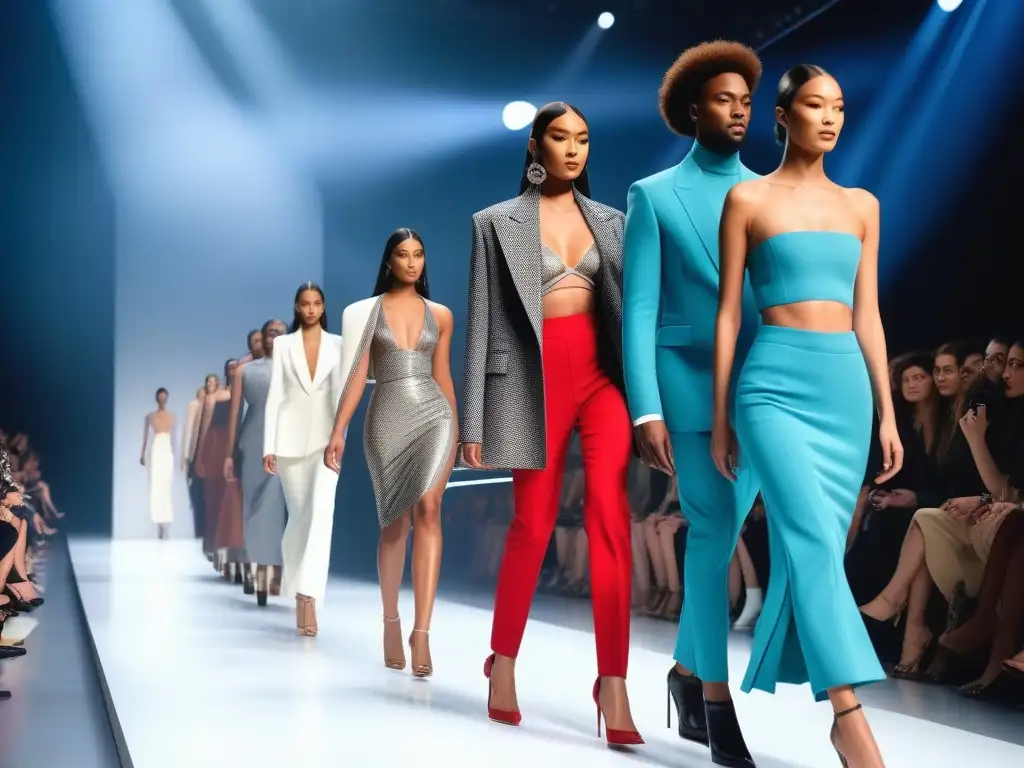 Desfile de moda diverso y moderno en 8k Desfile de moda inclusivo con modelos diversos y modernos en una pasarela futurista