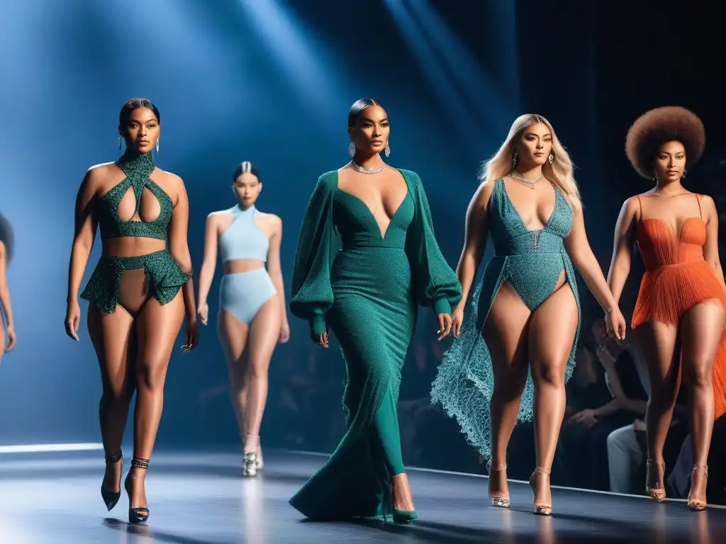 Desfile inclusivo: diversidad en la pasarela de la moda Desfile de moda inclusivo con modelos de diversas etnias, cuerpos y géneros luciendo outfits únicos en una pasarela moderna y brillante
