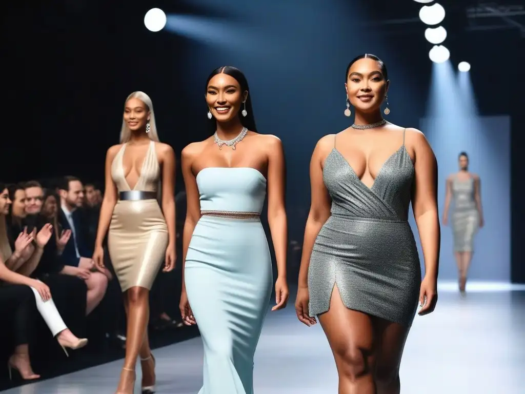 Desfile inclusivo: diversidad de cuerpos y estilo en la pasarela Desfile de moda inclusivo con modelos de diversos cuerpos luciendo diseños de marcas, irradiando confianza y diversidad