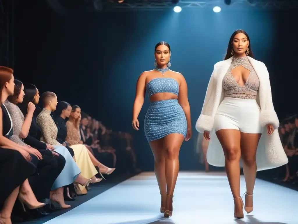 Desfile inclusivo: modelos empoderadas rompen estándares de belleza Desfile de moda inclusivo con modelos diversos empoderados en pasarela brillante