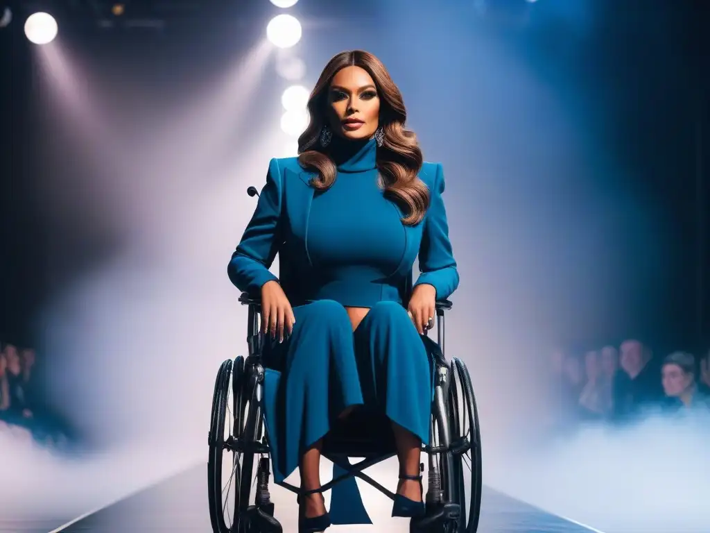 Desfile inclusivo: moda en sillas de ruedas Desfile de moda inclusivo con modelos en silla de ruedas exhibiendo prendas elegantes y rompiendo barreras