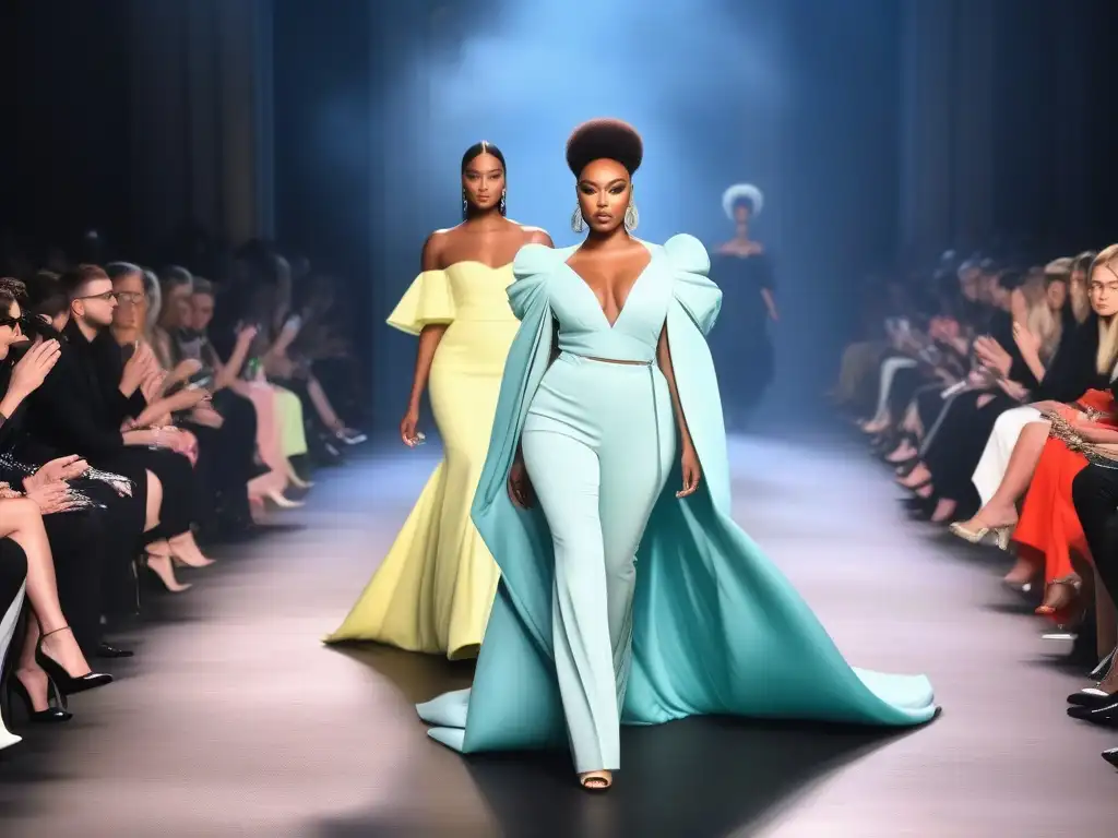 Desfile inclusivo de Christian Siriano: diversidad en la pasarela Desfile de moda inclusivo de Christian Siriano con modelos diversos en la pasarela y un público sonriente y aplaudiendo