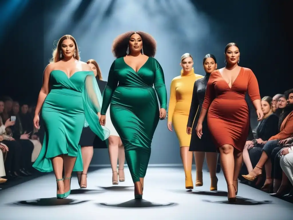 Desfile de moda inclusivo: modelos empoderadas en la pasarela Desfile de moda inclusivo con modelos de tallas altas y diversas, empoderados y seguros, en una pasarela brillante y moderna