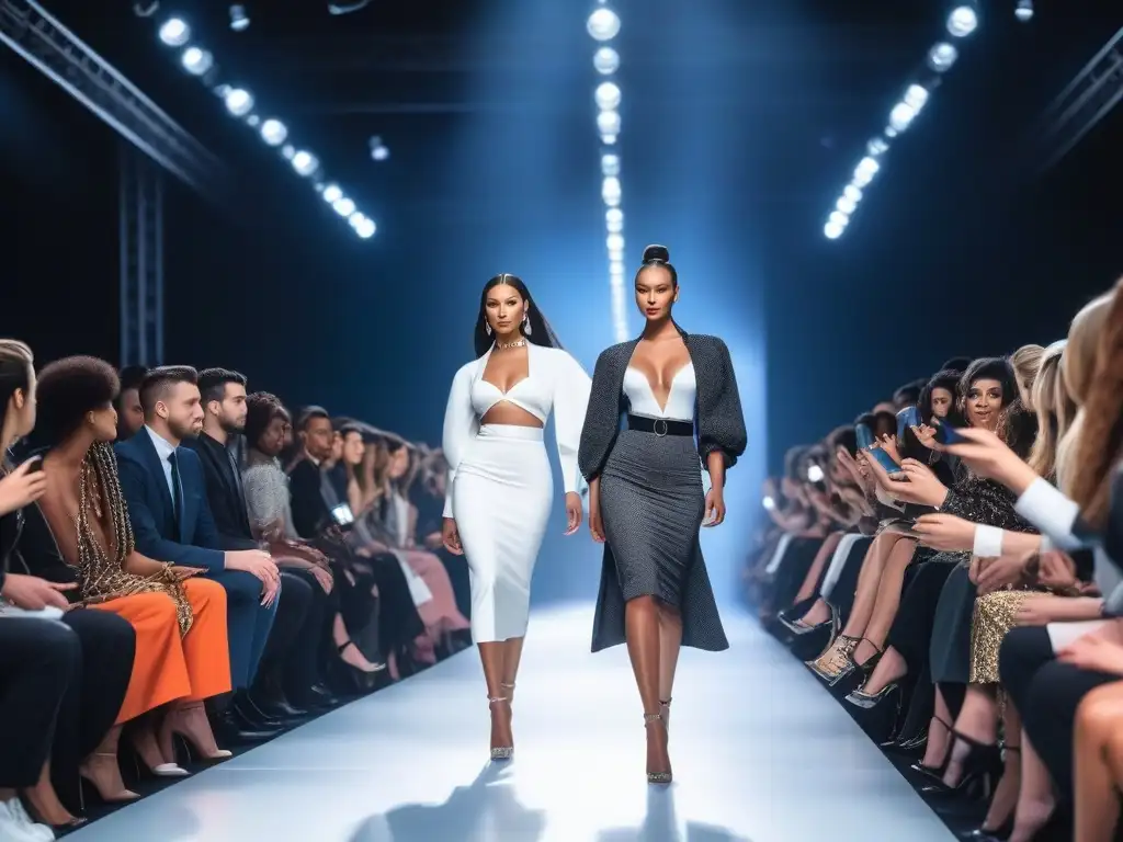 Desfile de moda inclusivo y futurista con modelos diversos Desfile de moda inclusivo con modelos de diversas tallas y etnias luciendo outfits modernos en una pasarela futurista