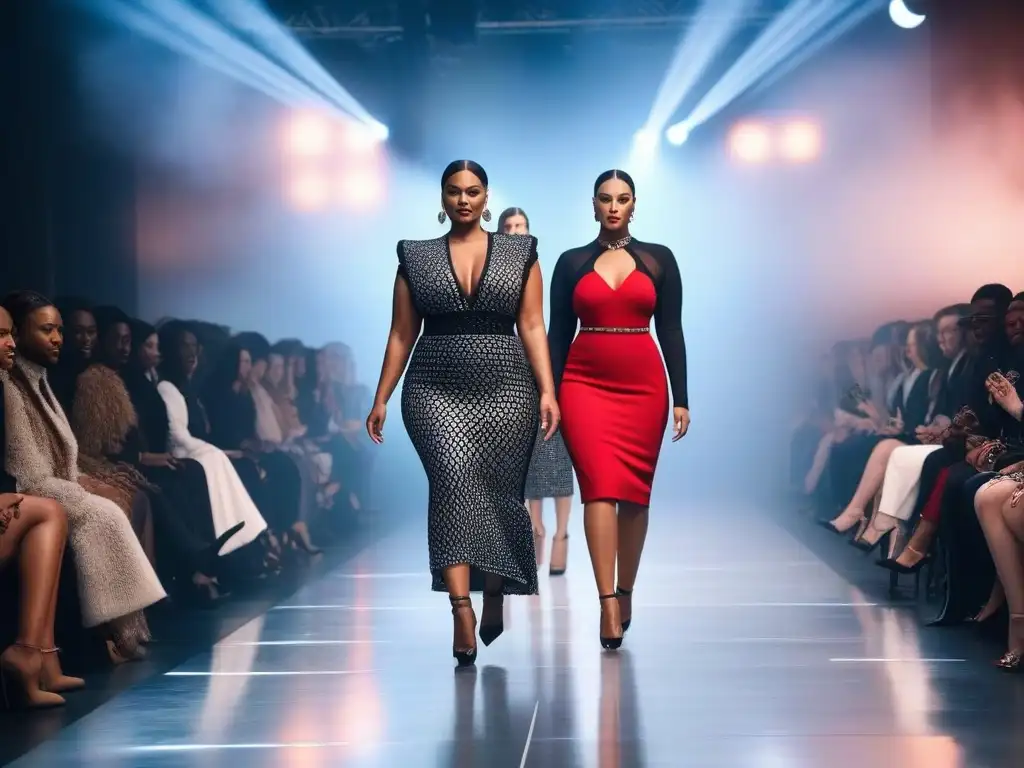 Desfile de moda inclusivo: diversidad y elegancia en la pasarela Desfile de moda inclusivo, modelos diversos lucen colección moderna en pasarela futurista