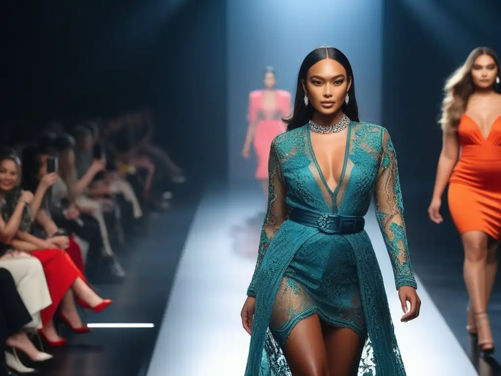 Diversidad y estilo en pasarela: moda inclusiva y empoderada Desfile de moda inclusivo con modelos de diferentes tipos de cuerpo y etnias, luciendo diseños elegantes en una pasarela moderna y brillante